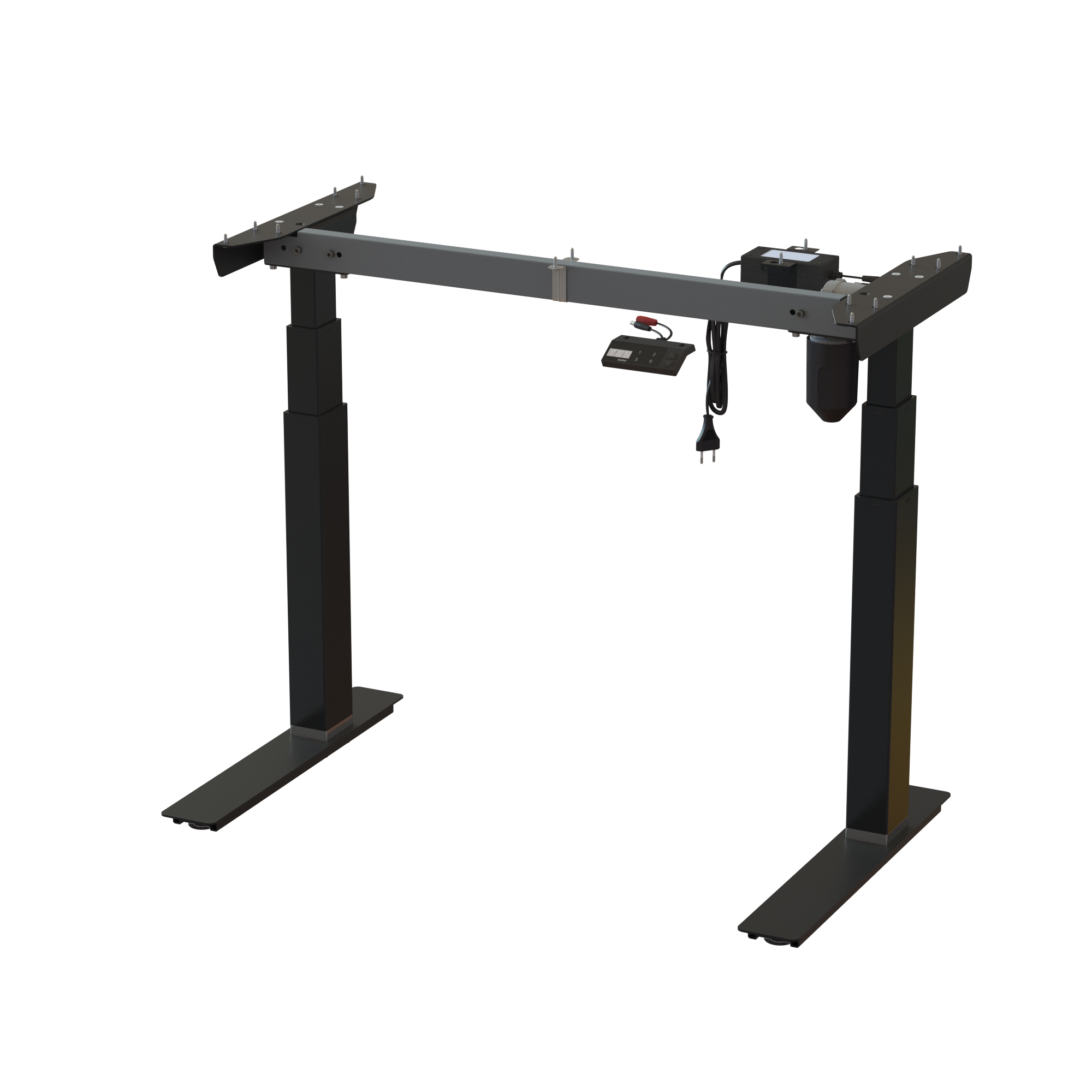 Electric desk base, Black powder-coated frame. Base width 36.2 in. Electric adjustment 22.448.0 in. Dynamic capacity 220 lbs.