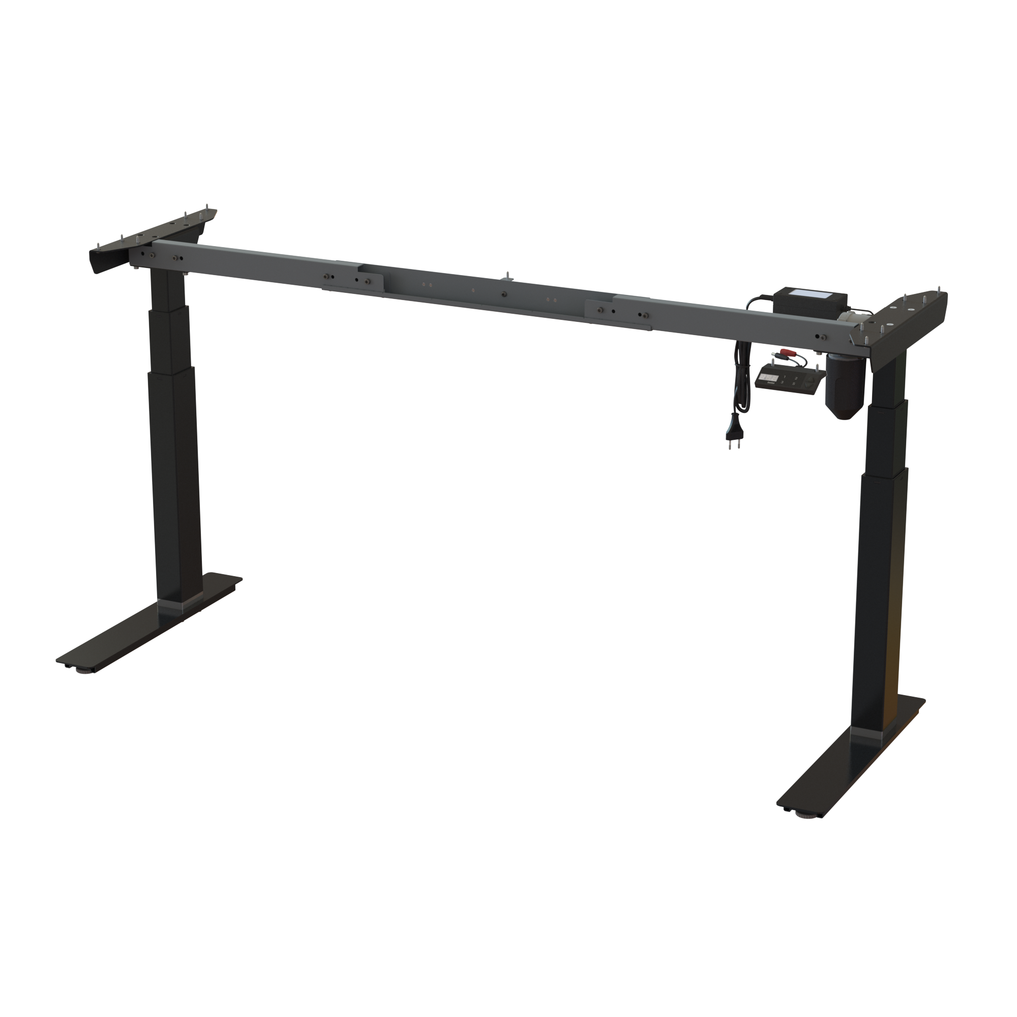 Electric desk frame, steel with Black powder-coat. Adjustable width 44.159.8 in. Ergonomic height 22.448.0 in. Load capacity 220 lbs.