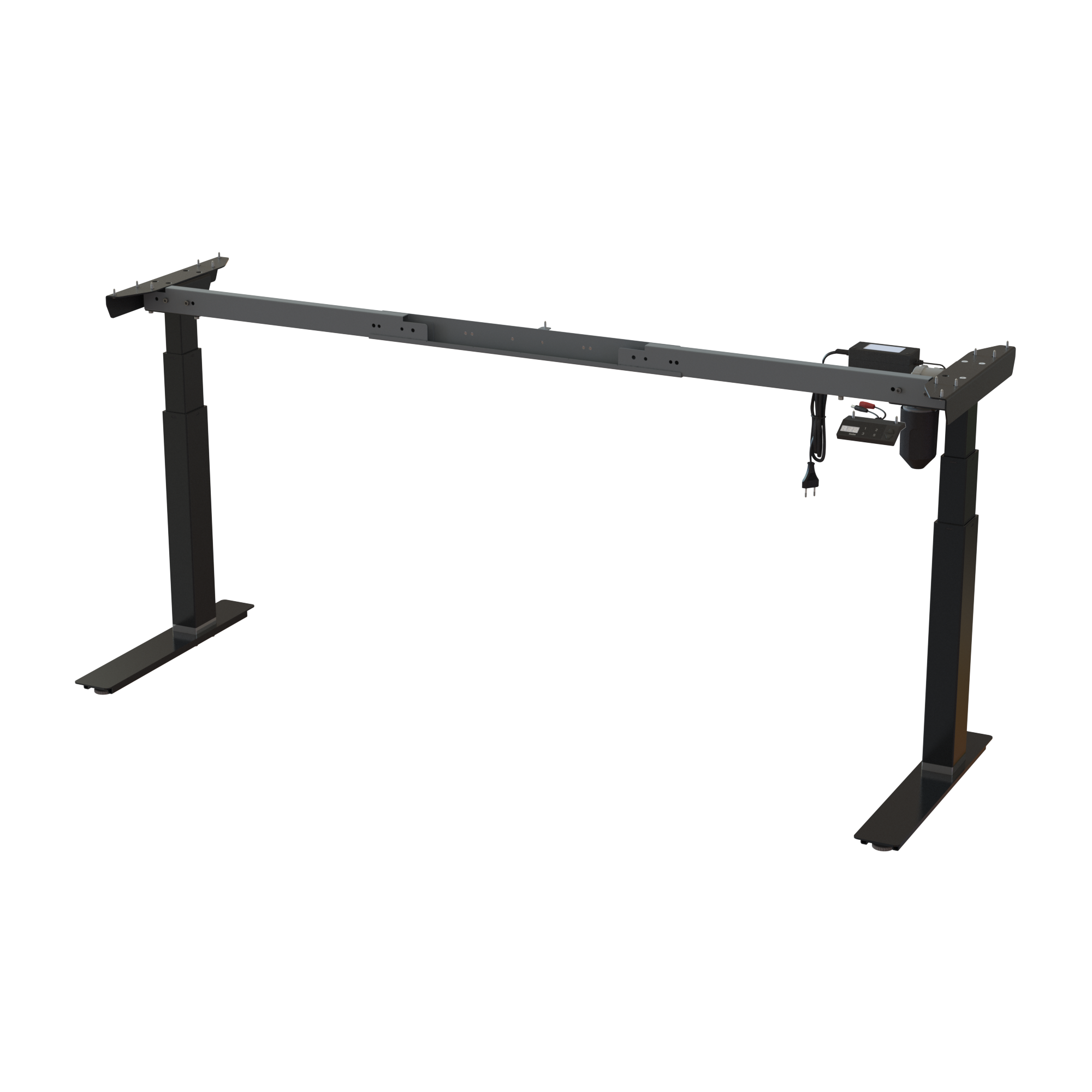 Sit-stand office base, Black powder-coated frame. Variable frame width 52.067.7 in. Height range 22.448.0 in. Dynamic capacity 220 lbs.