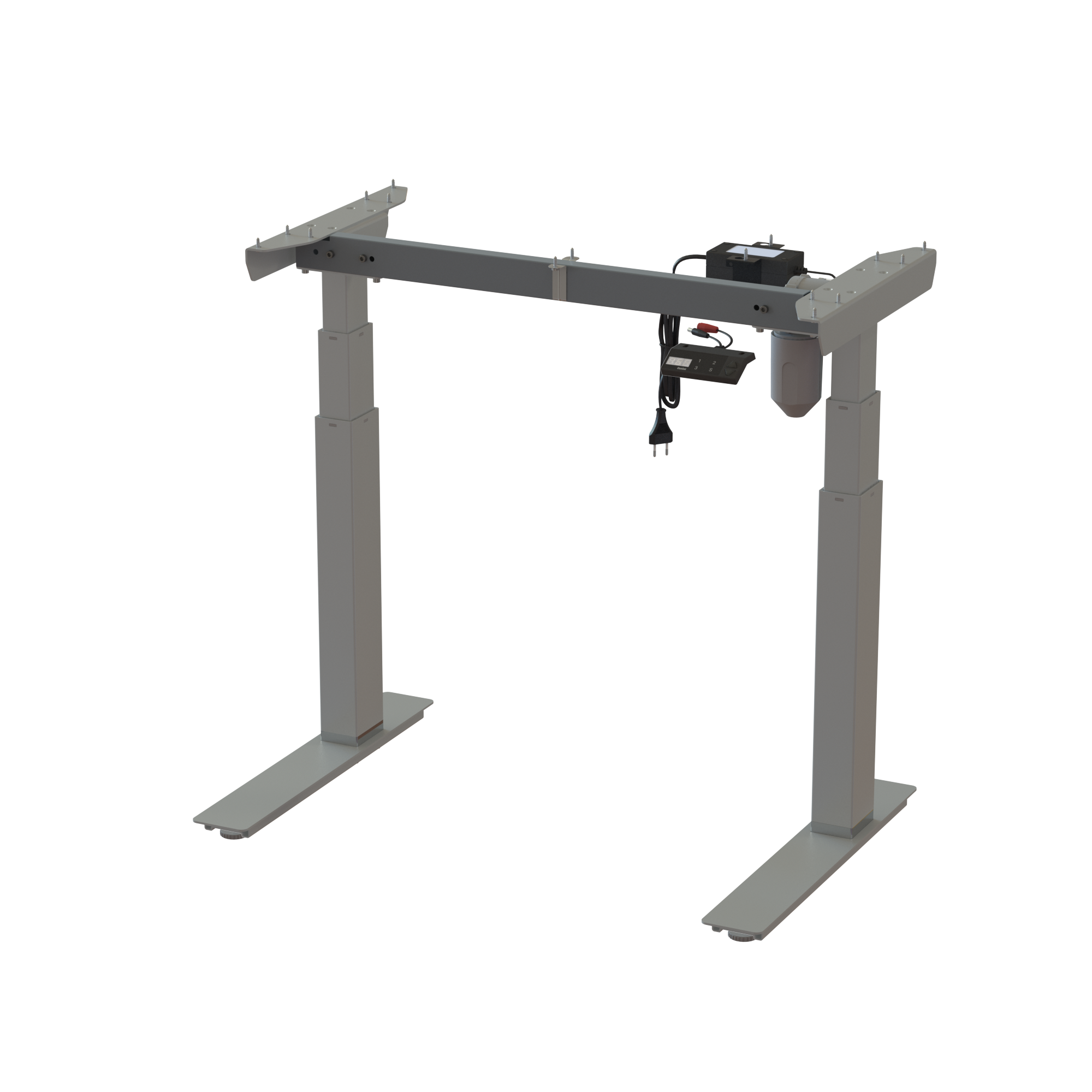 Silver Desk Base: 32.3 inch wide frame. Height adjusts 22.6-48.7 inches. Dynamic capacity 220.5 lbs. Lifts 220.5 lbs.