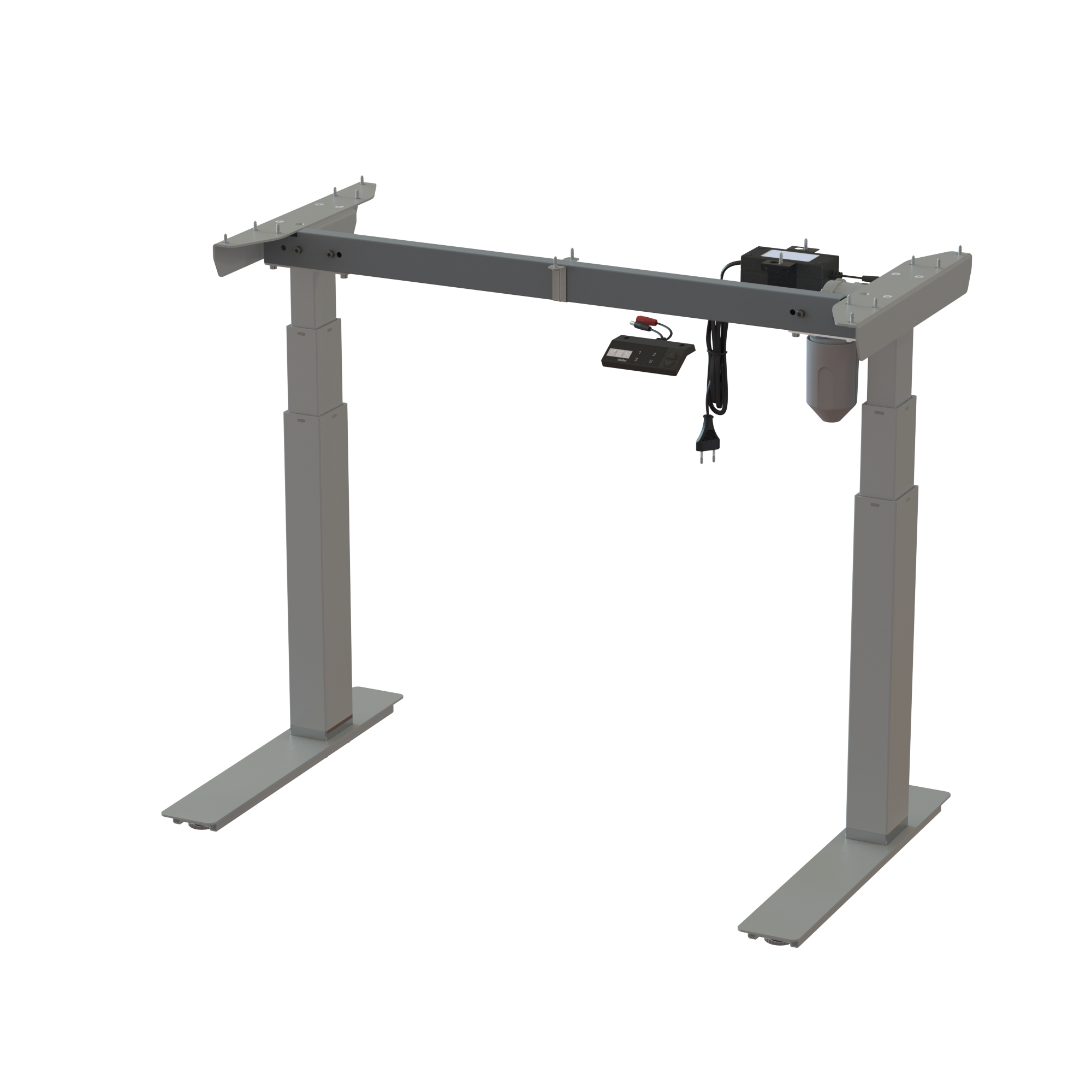 2-column sit-stand frame, Silver powder-coated frame. Frame width 36.2 in. Adjustable interval 22.448.0 in. Load capacity 220 lbs.