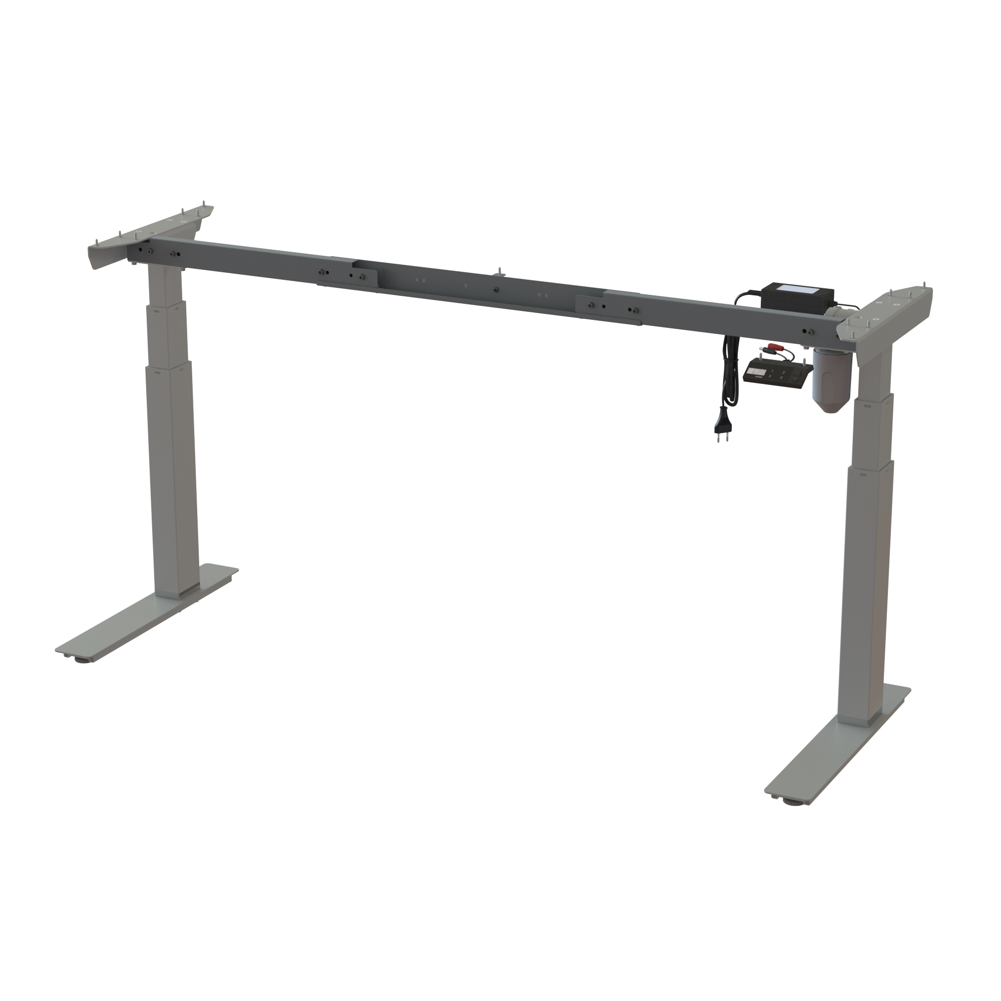 Ergonomic desk stand, coated in Silver. Variable width 44.159.8 in. Height range 22.448.0 in. Max load 220 lbs.