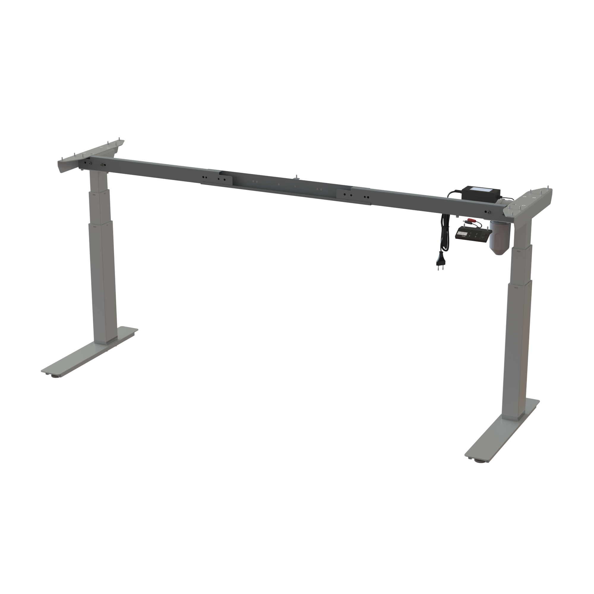 Electric desk base, Silver powder-coated frame. Adjustable width 52.067.7 in. Adjustable height 22.448.0 in. Dynamic capacity 220 lbs.
