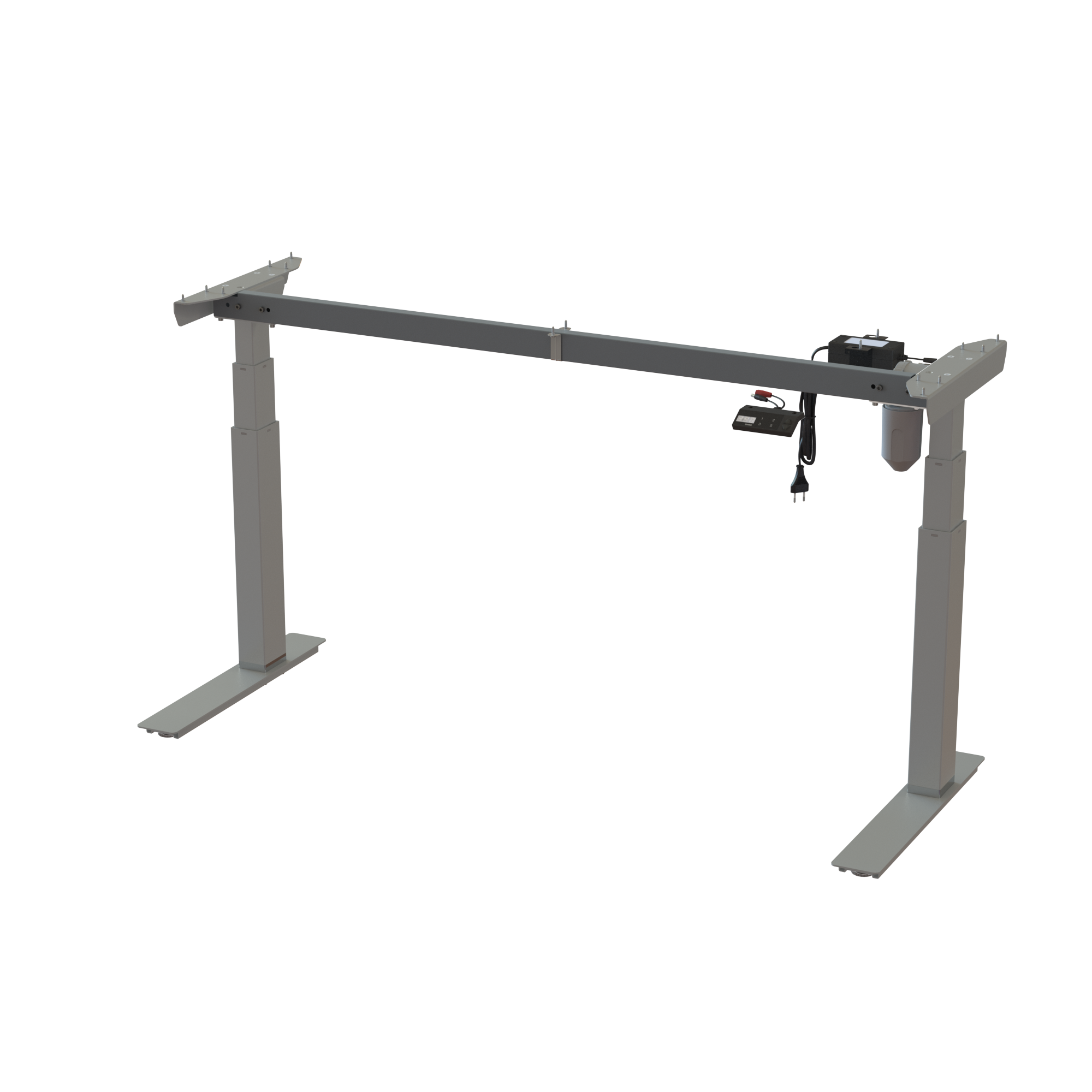 Silver 2-Leg Base: 56 inch wide frame. Height adjusts 22.6-48.7 inches. Heavy-duty steel construction. Lifts 220.5 lbs.