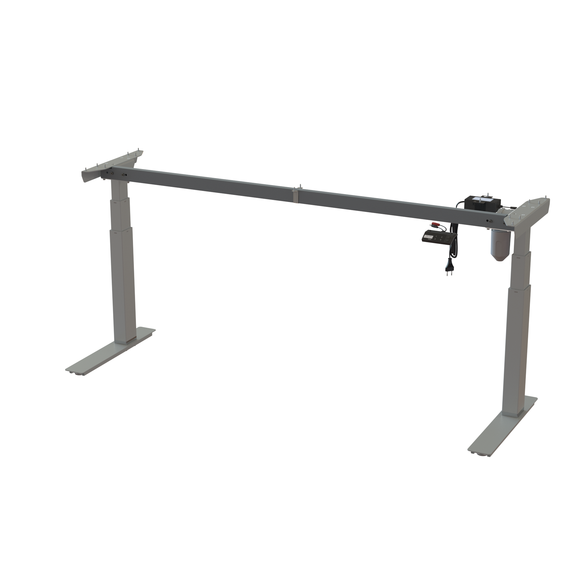 Adjustable standing desk base, steel, Silver finish. Frame width 67.7 in. Height range 22.448.0 in. Max load 220 lbs.