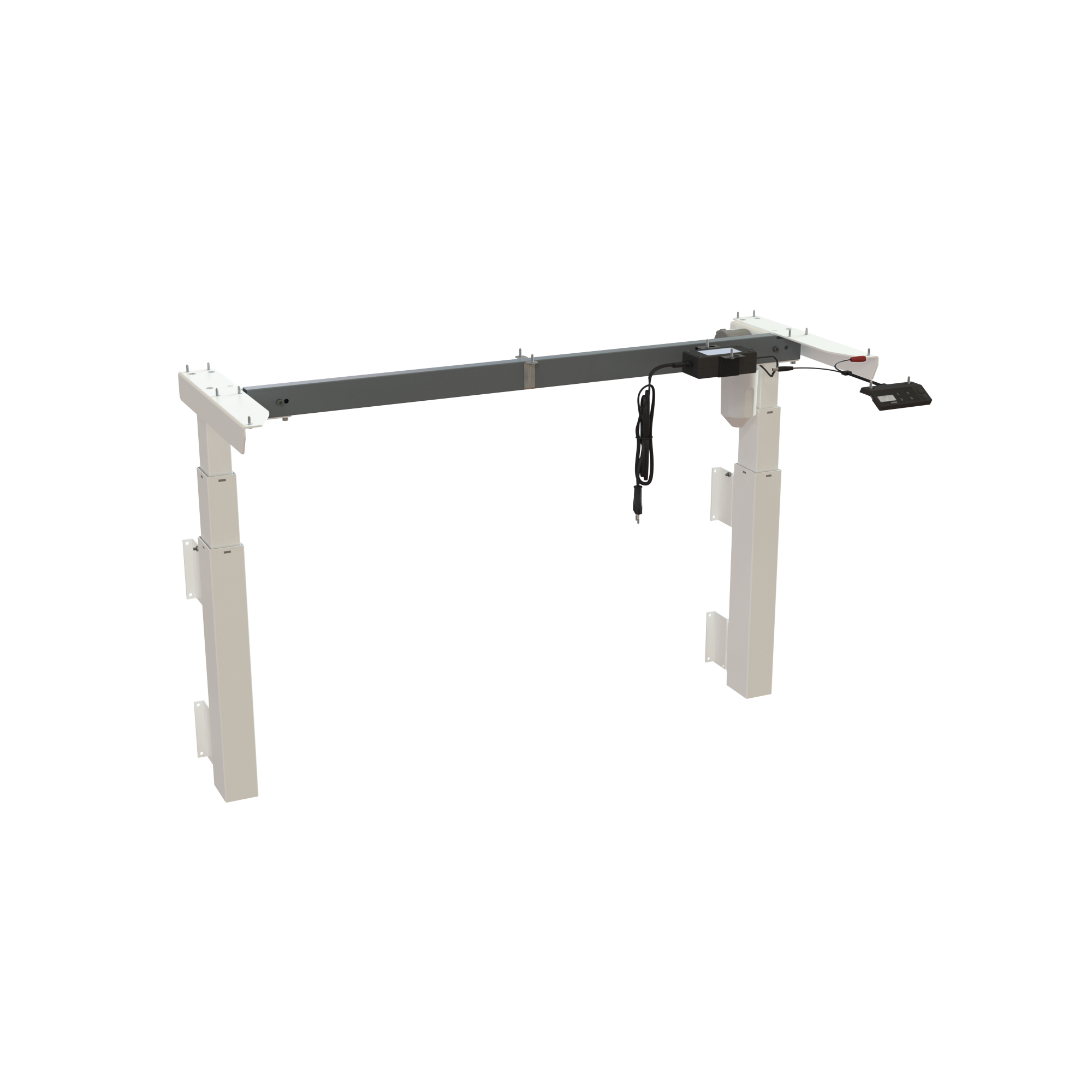 Wall-mounted sit-stand frame, steel, in the color White. Width 112 cm. Stroke length 60 cm, height depends on mounting height. Effortless 40 kg lift.