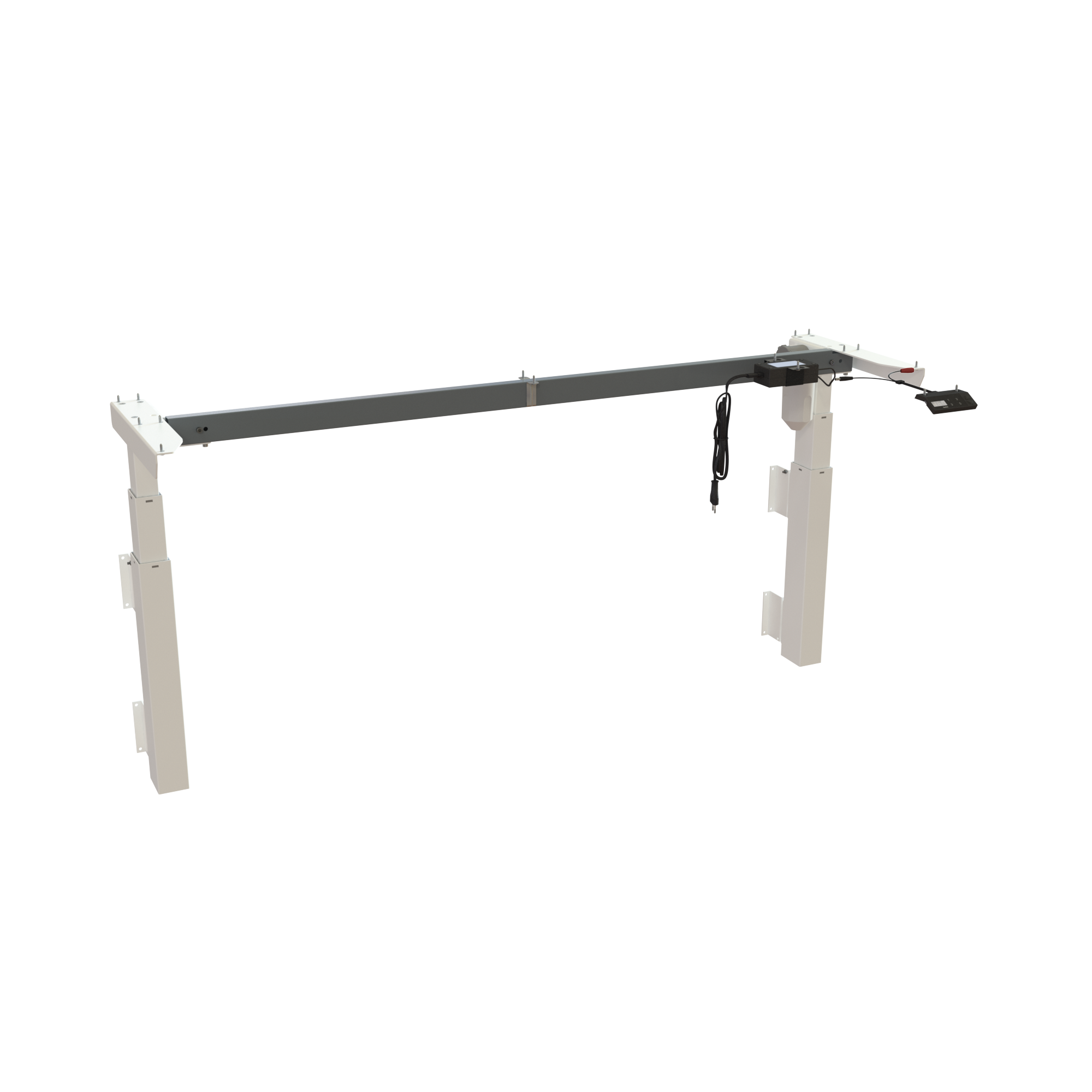 Wall-mounted sit-stand frame, lacquered in White. Frame width 152 cm. Stroke length 60 cm, height depends on mounting height. Load capacity 40 kg.