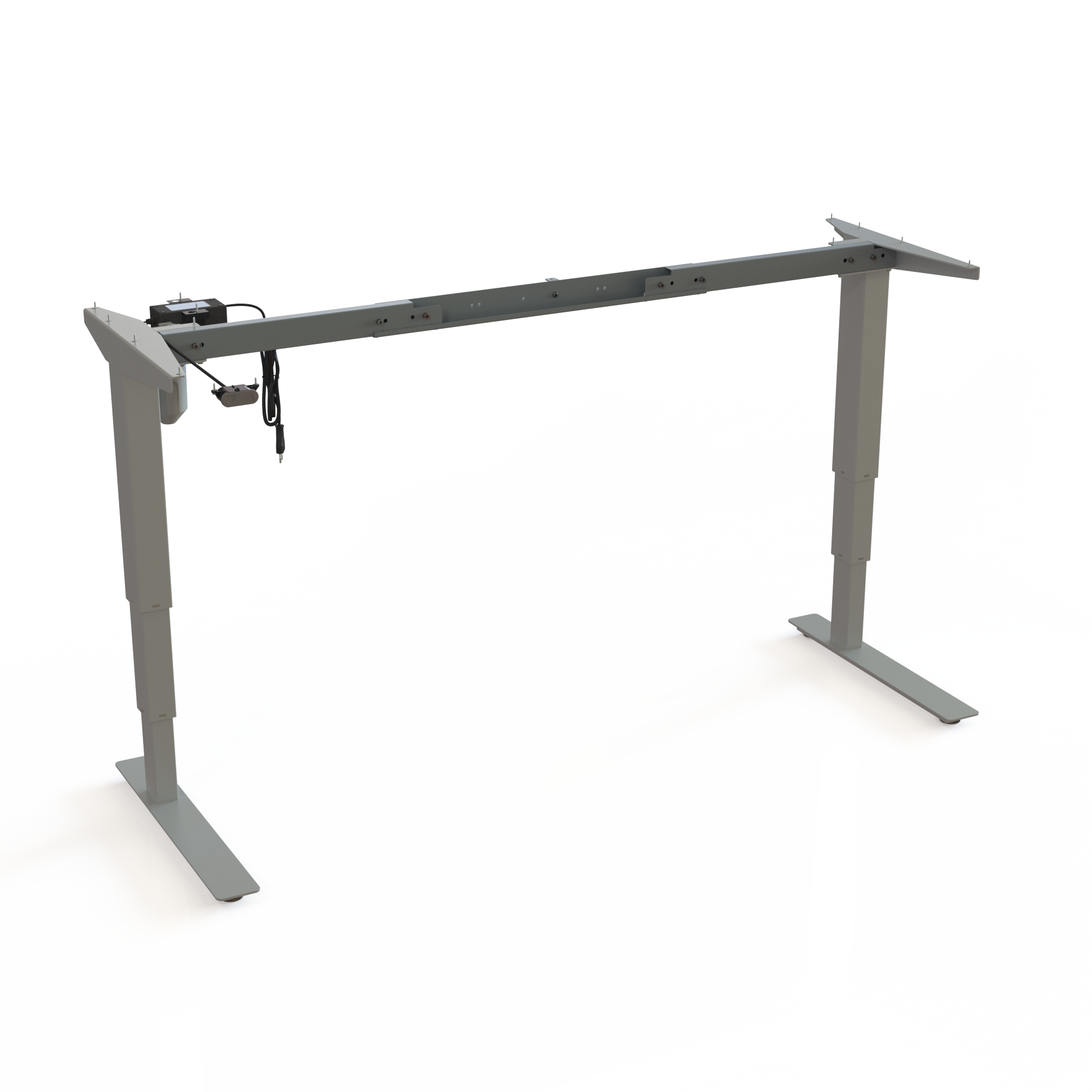 Electric desk base, Silver powder-coated frame. Adjustable width 52.067.7 in. Adjustable height 22.448.0 in. Dynamic capacity 220 lbs.