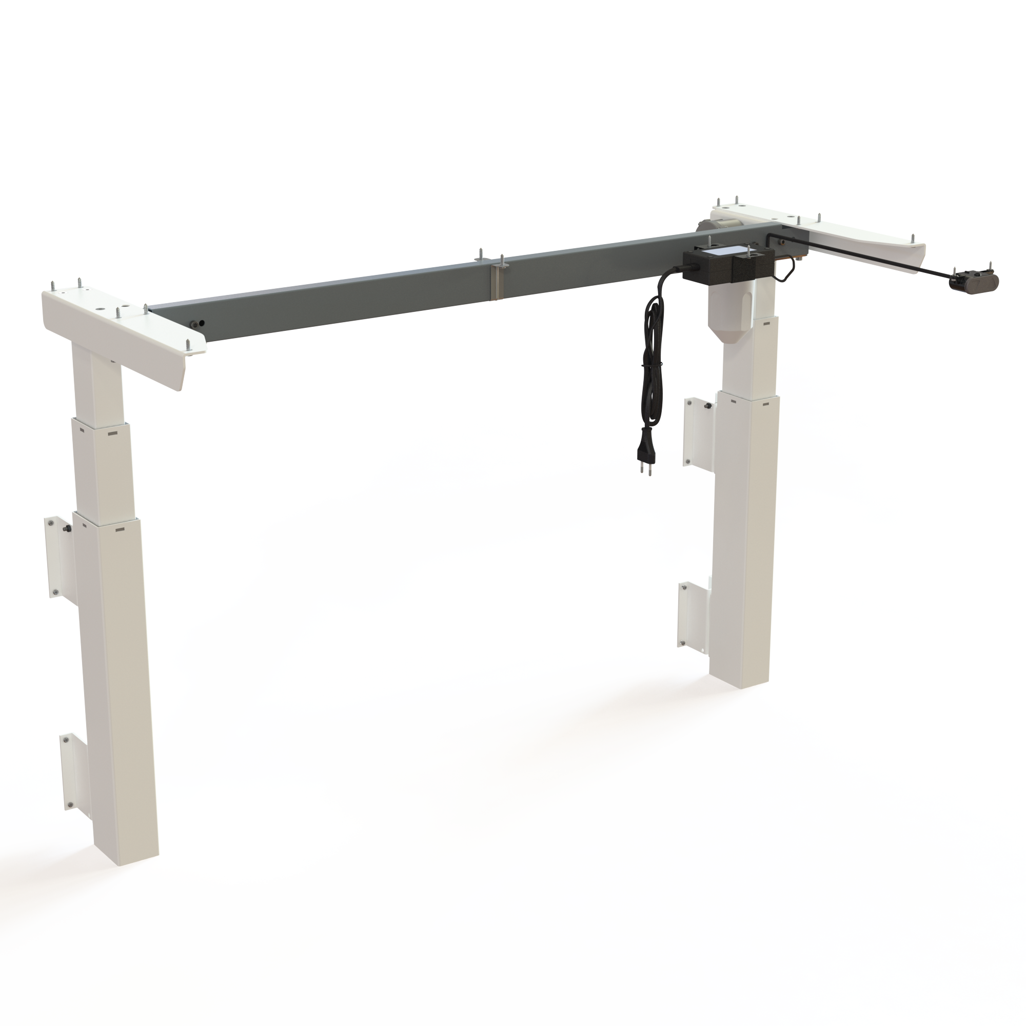 Wall-mounted sit-stand frame, steel, in the color White. Width 112 cm. Stroke length 60 cm, height depends on mounting height. Effortless 40 kg lift.