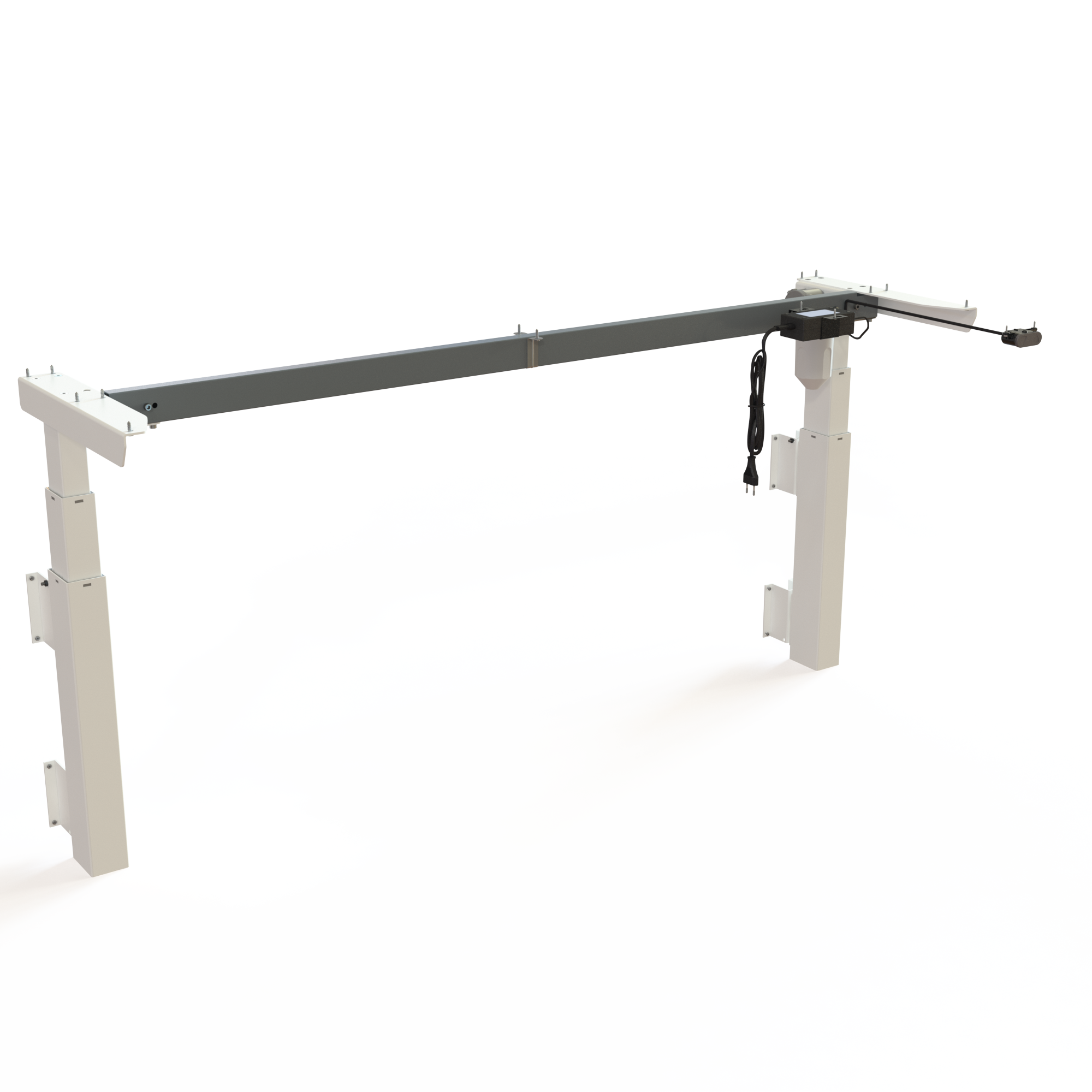 Wall-mounted sit-stand frame, lacquered in White. Frame width 152 cm. Stroke length 60 cm, height depends on mounting height. Load capacity 40 kg.