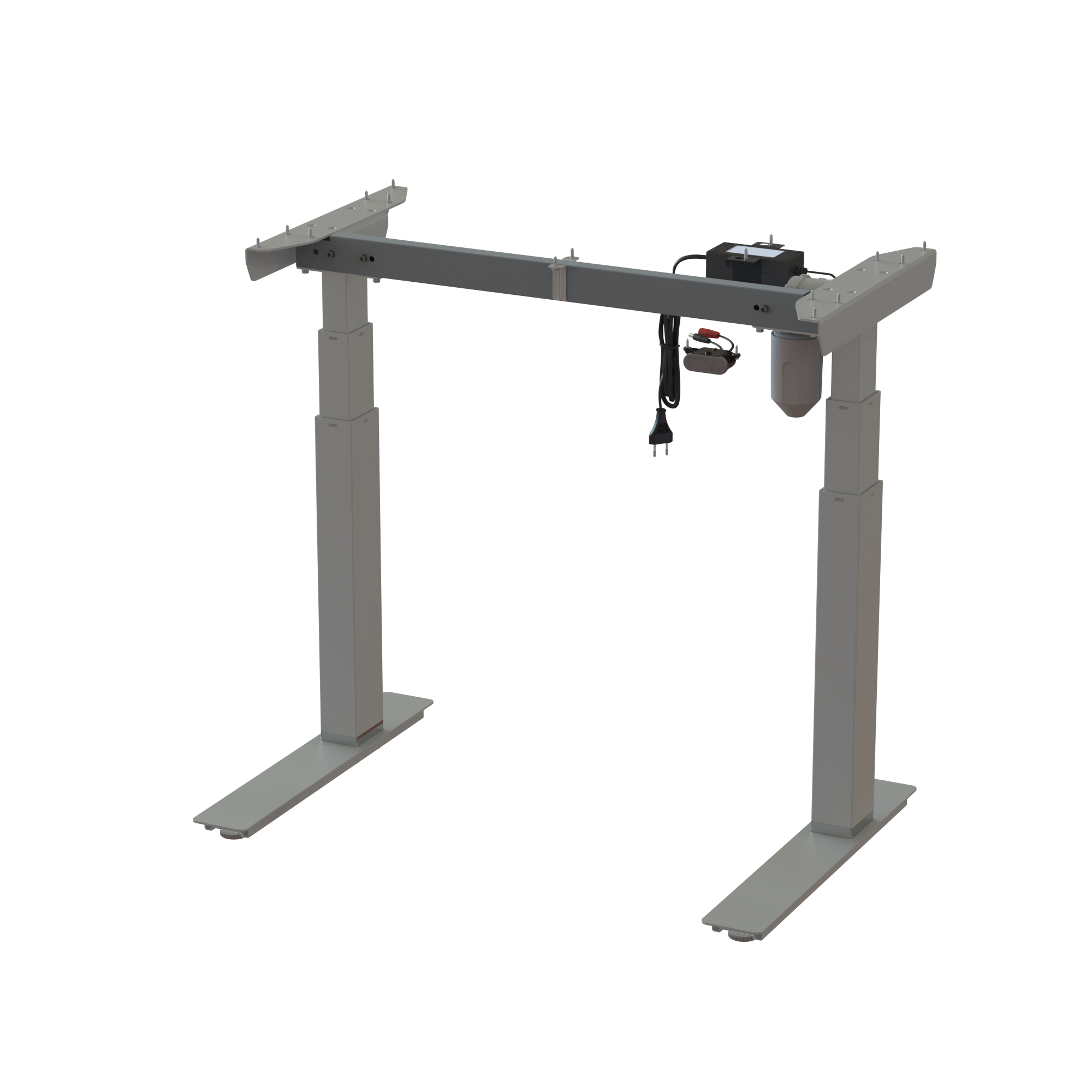 Silver Desk Base: 32.3 inch wide frame. Height adjusts 22.6-48.7 inches. Dynamic capacity 220.5 lbs. Lifts 220.5 lbs.