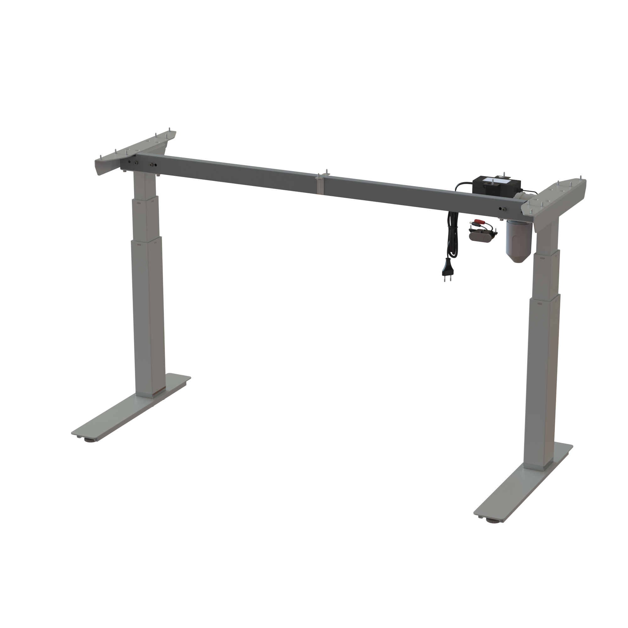 Sit-stand office base, Silver powder-coated frame. Frame width 50.8 in. Height range 22.4 48.0 in. Frame lifts 220 lbs.