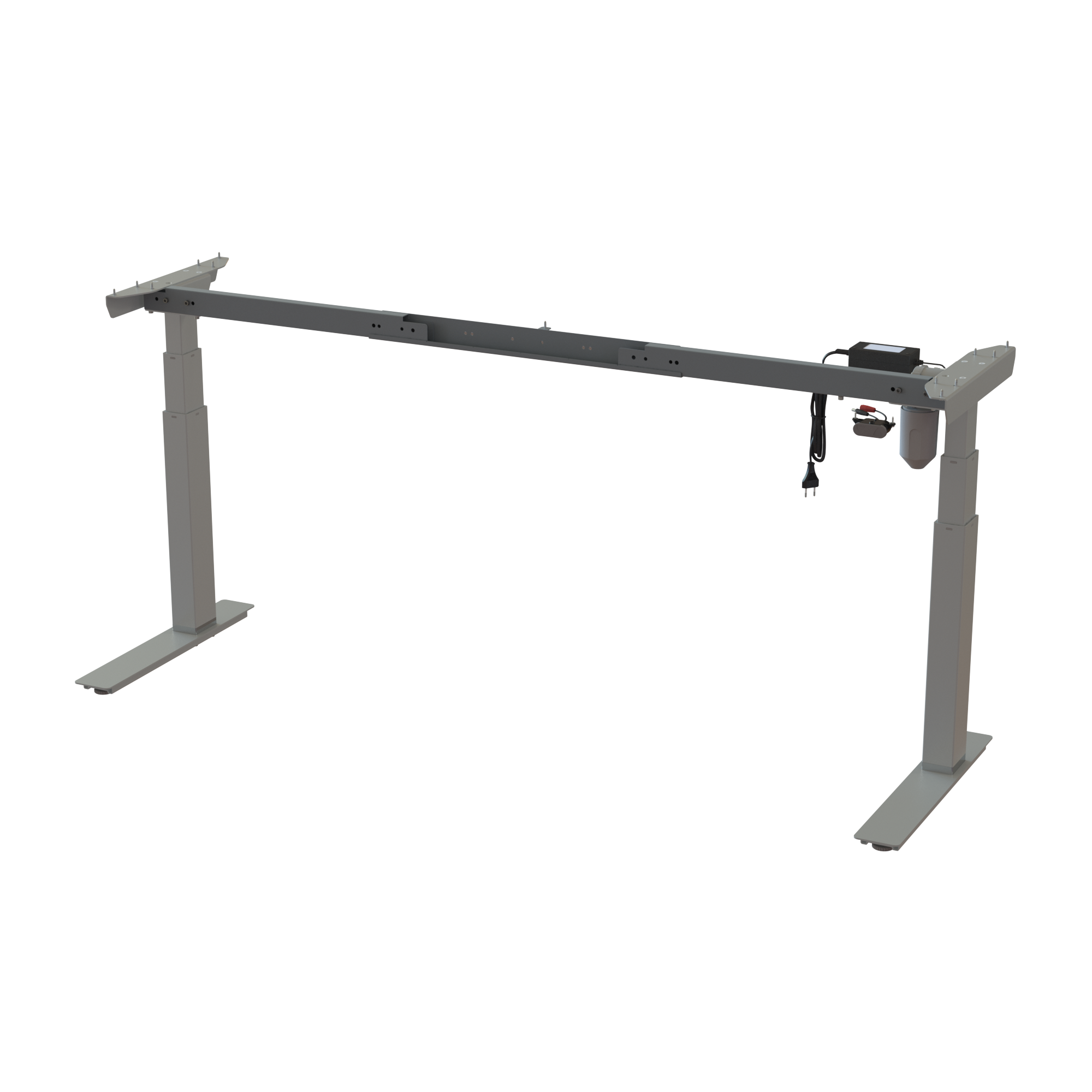 Electric desk base, Silver powder-coated frame. Adjustable width 52.067.7 in. Adjustable height 22.448.0 in. Dynamic capacity 220 lbs.