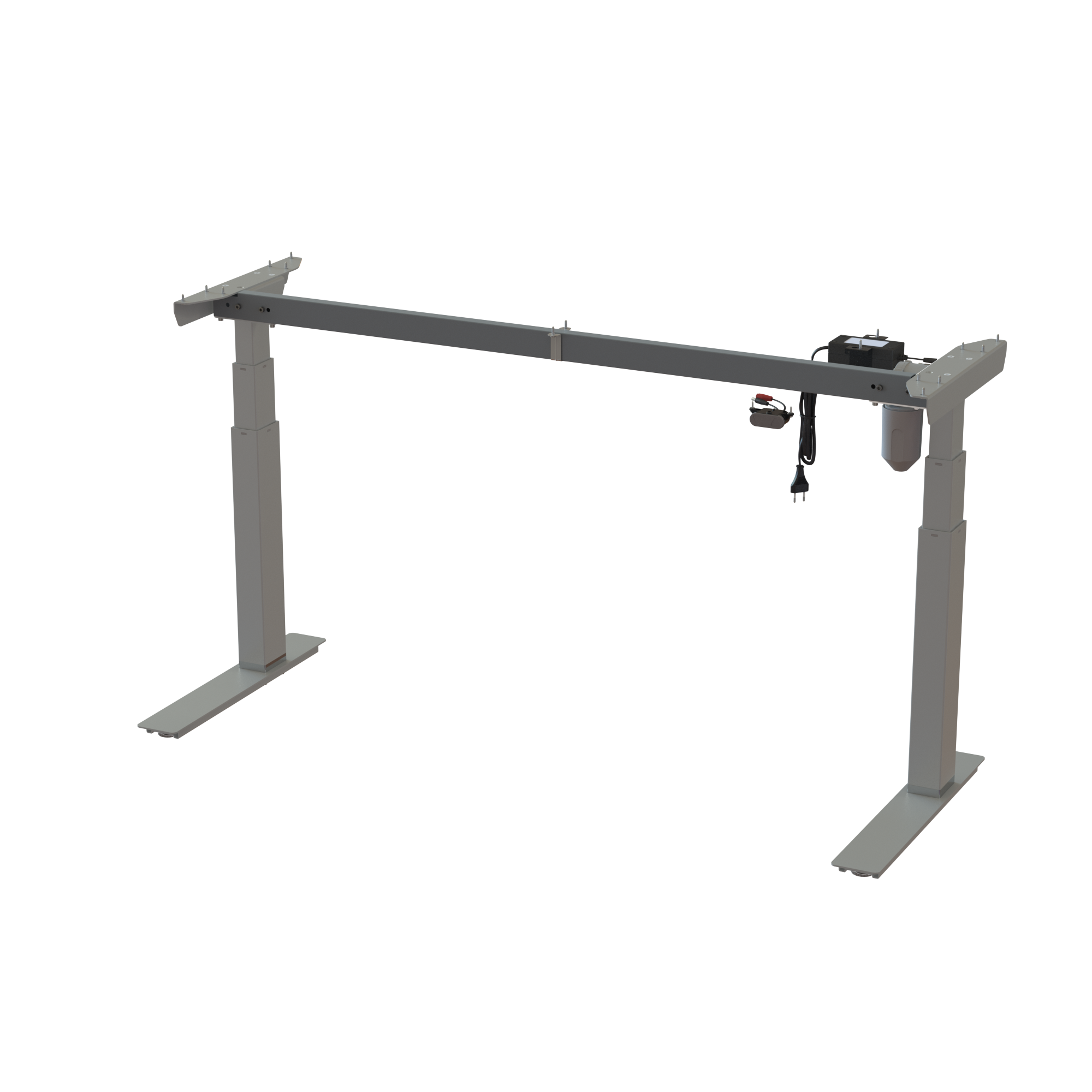 Silver 2-Leg Base: 56 inch wide frame. Height adjusts 22.6-48.7 inches. Heavy-duty steel construction. Lifts 220.5 lbs.