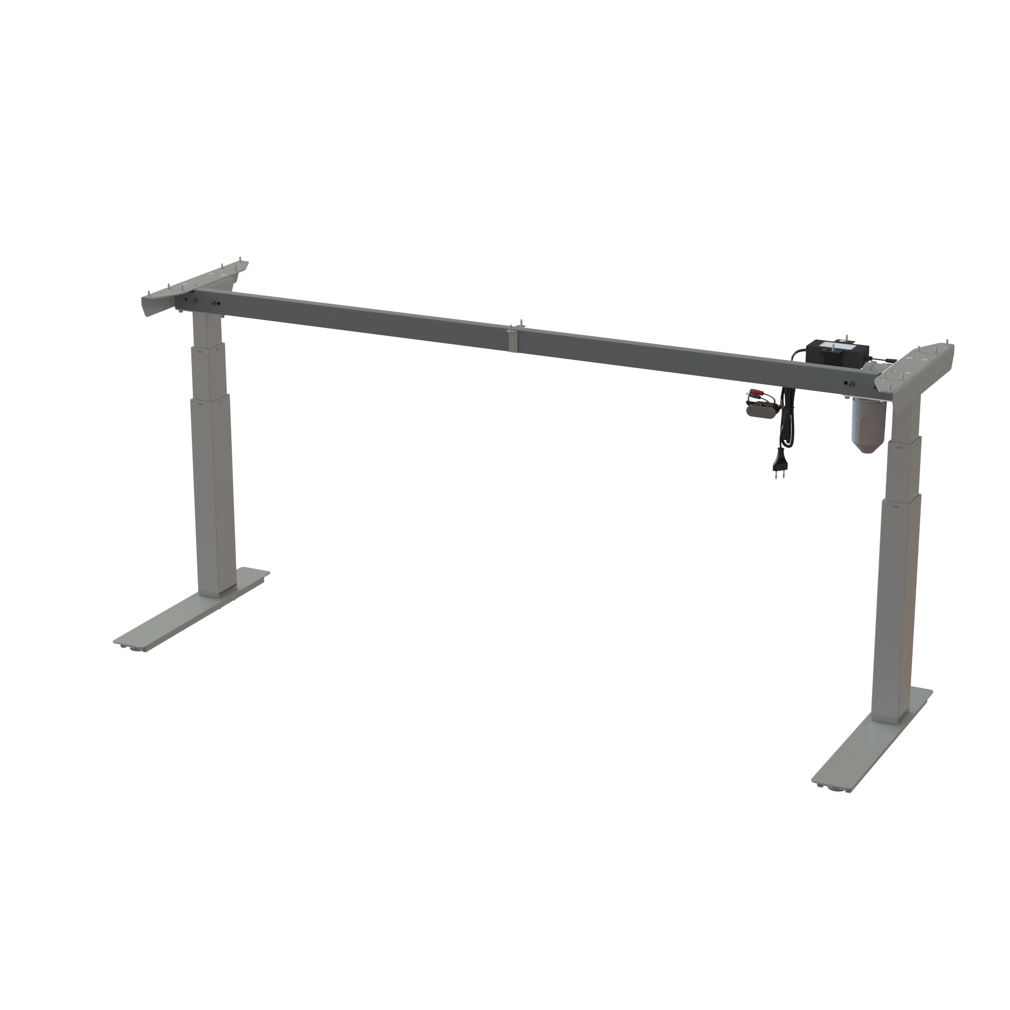 Adjustable standing desk base, steel, Silver finish. Frame width 67.7 in. Height range 22.448.0 in. Max load 220 lbs.