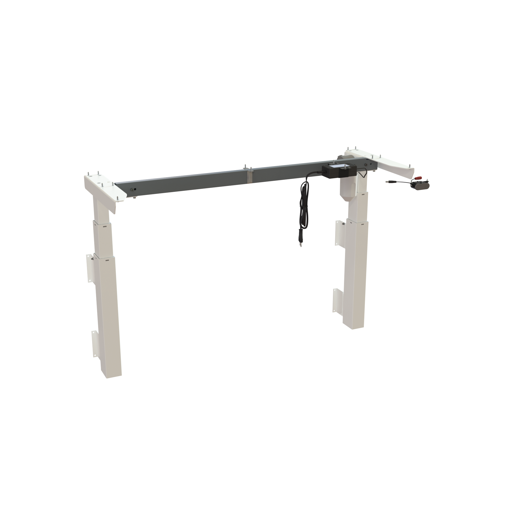 Wall-mounted sit-stand frame, steel, in the color White. Width 112 cm. Stroke length 60 cm, height depends on mounting height. Effortless 40 kg lift.