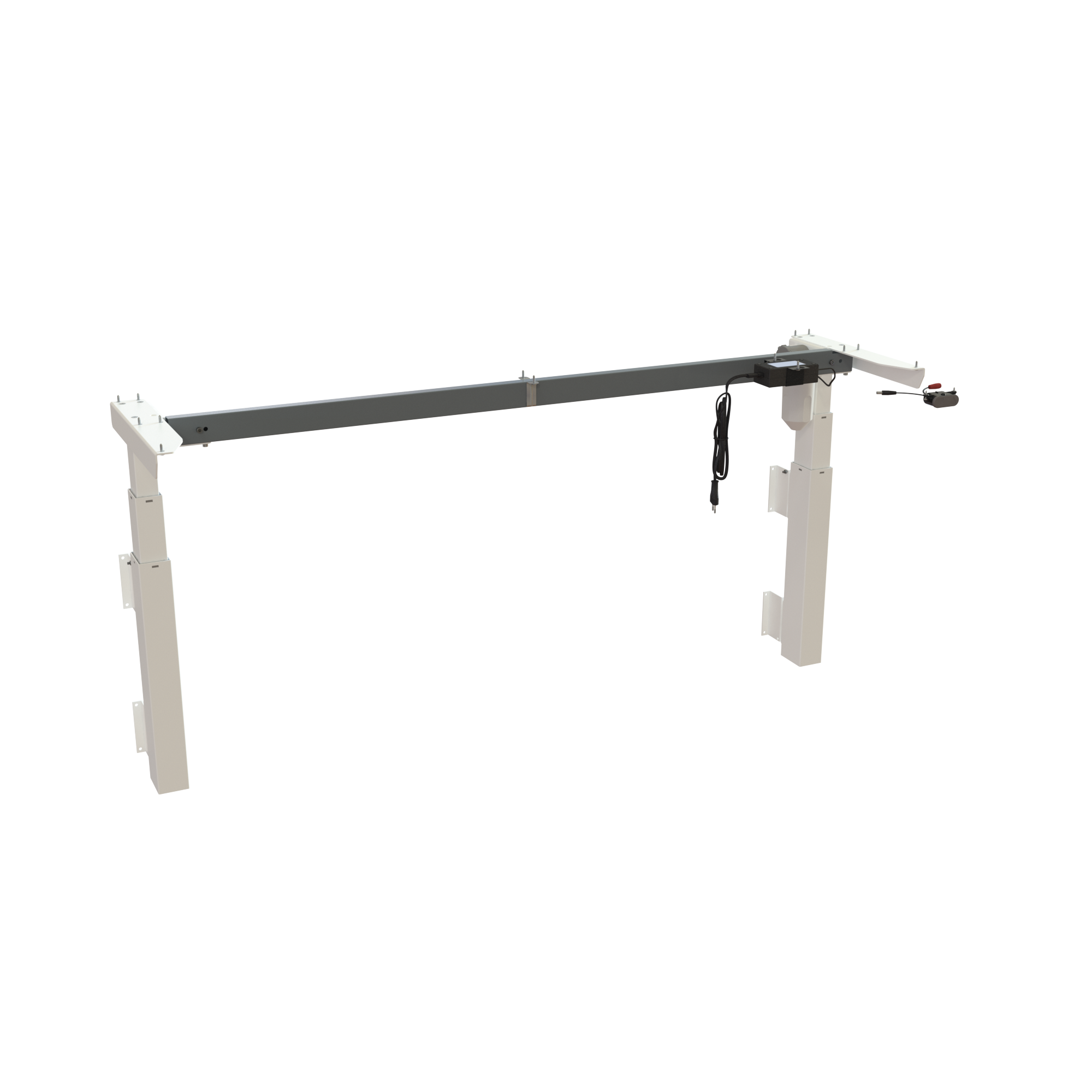 Wall-mounted sit-stand frame, lacquered in White. Frame width 152 cm. Stroke length 60 cm, height depends on mounting height. Load capacity 40 kg.